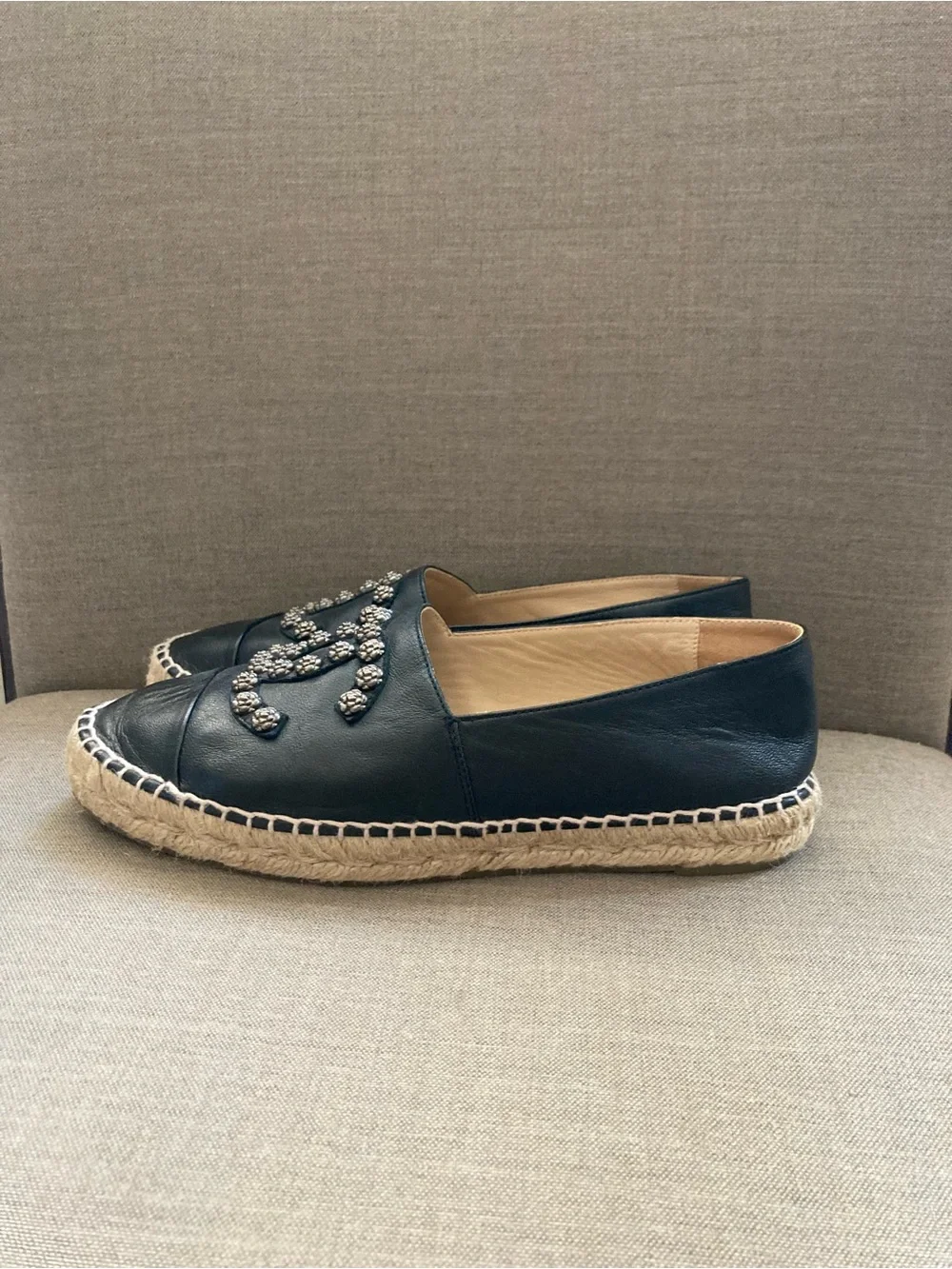 CHANEL Black Leather Espadrille Flats with Crystal CC Motif